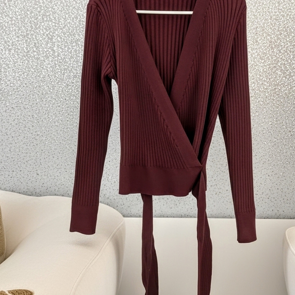 BTFBM Burgundy Ribbed Knit Wrap Sweater Tie Closure Size Medium Valentine's Day